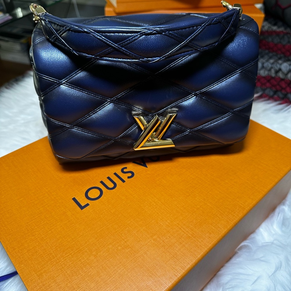 Louis Vuitton GO-14 MM Dark Blue Quilted Shoulder Bag with Gold Accents